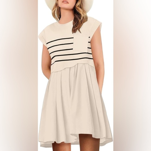 Dresses & Skirts - Womens Dresses Striped Knit Top Pleated Loose Swing Mini Short Sleeve Dress S